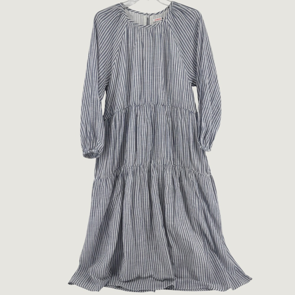 Sundry Tiered Midi Dress Womens 1 Small Blue White Striped Cotton Long Sleeve